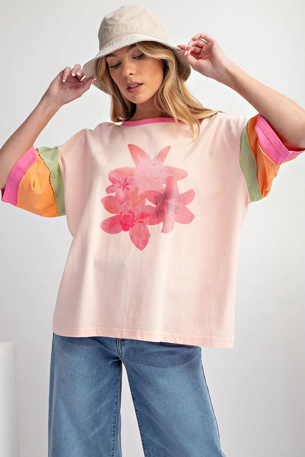 Pink Flower Color Block Half Sleeve Loose T Shirt Graphic Tees JT's Designer Fashion