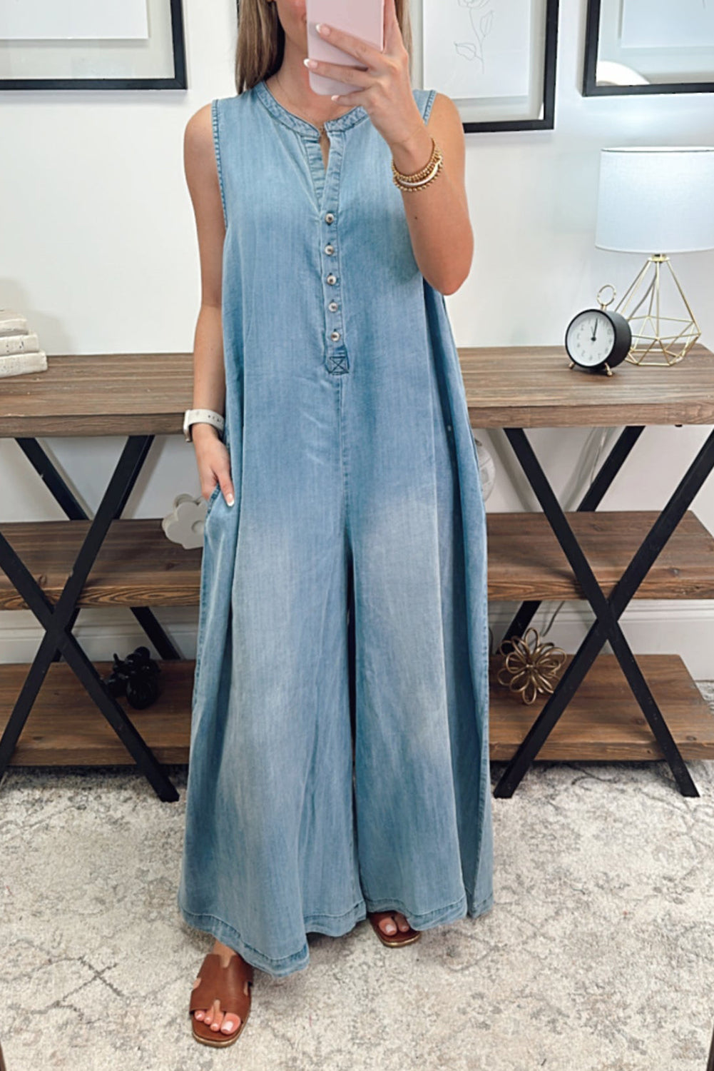 Beau Blue Sleeveless Buttoned Super Loose Leg Denim Jumpsuit Pre Order Bottoms JT's Designer Fashion