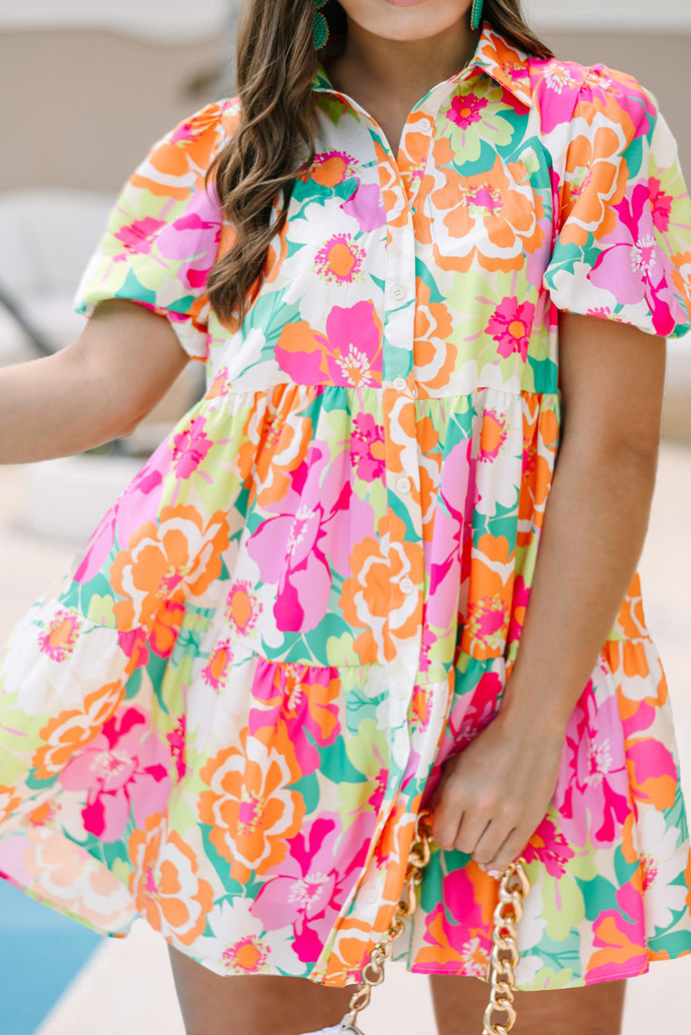 Pink Plus Floral Collared Puff Short Sleeve Relaxed Dress Plus Size JT's Designer Fashion