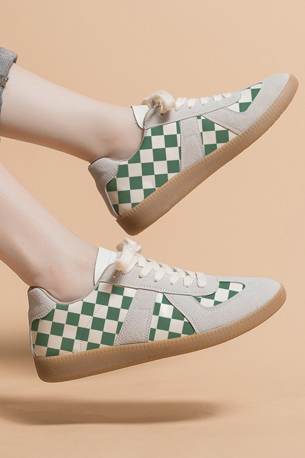 Sea Green Checkered Leather Lace-up Flat Shoes Women's Shoes JT's Designer Fashion