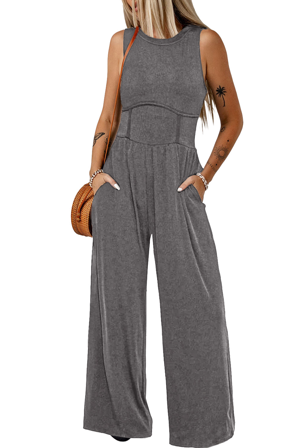 Medium Grey Cinched Waist Sleeveless Wide Leg Jumpsuit Pre Order Bottoms JT's Designer Fashion