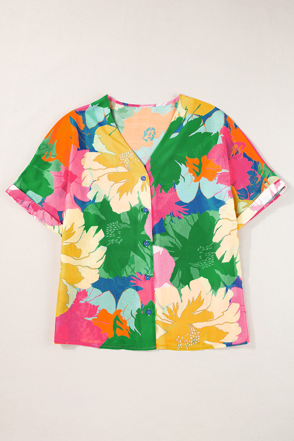 Multicolour Floral Print Folded Short Sleeve Shirt Blouses & Shirts JT's Designer Fashion