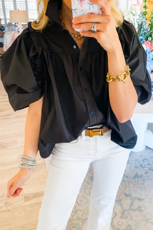 Black Crisp Puff Sleeve Loose Shirt Tops & Tees JT's Designer Fashion