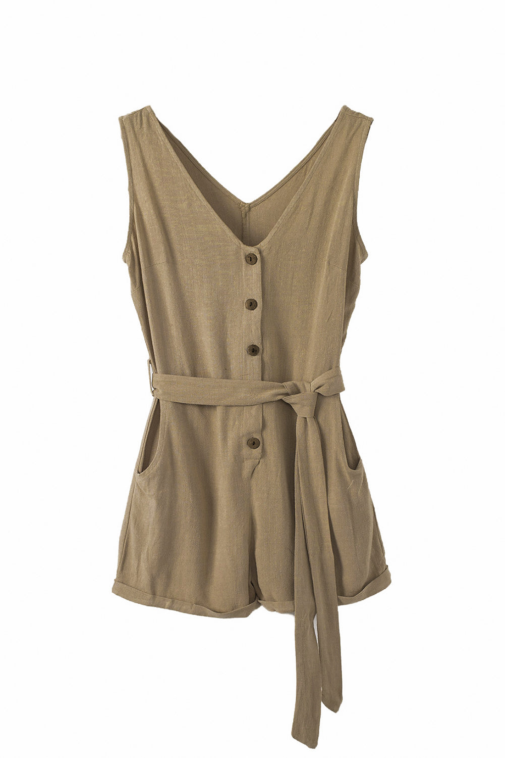 Khaki Button V Neck Romper with Belt Jumpsuits & Rompers JT's Designer Fashion