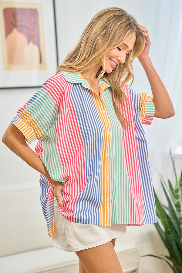 First Love Full Size Striped Button Down Short Sleeve Shirt Blouses & Shirts JT's Designer Fashion