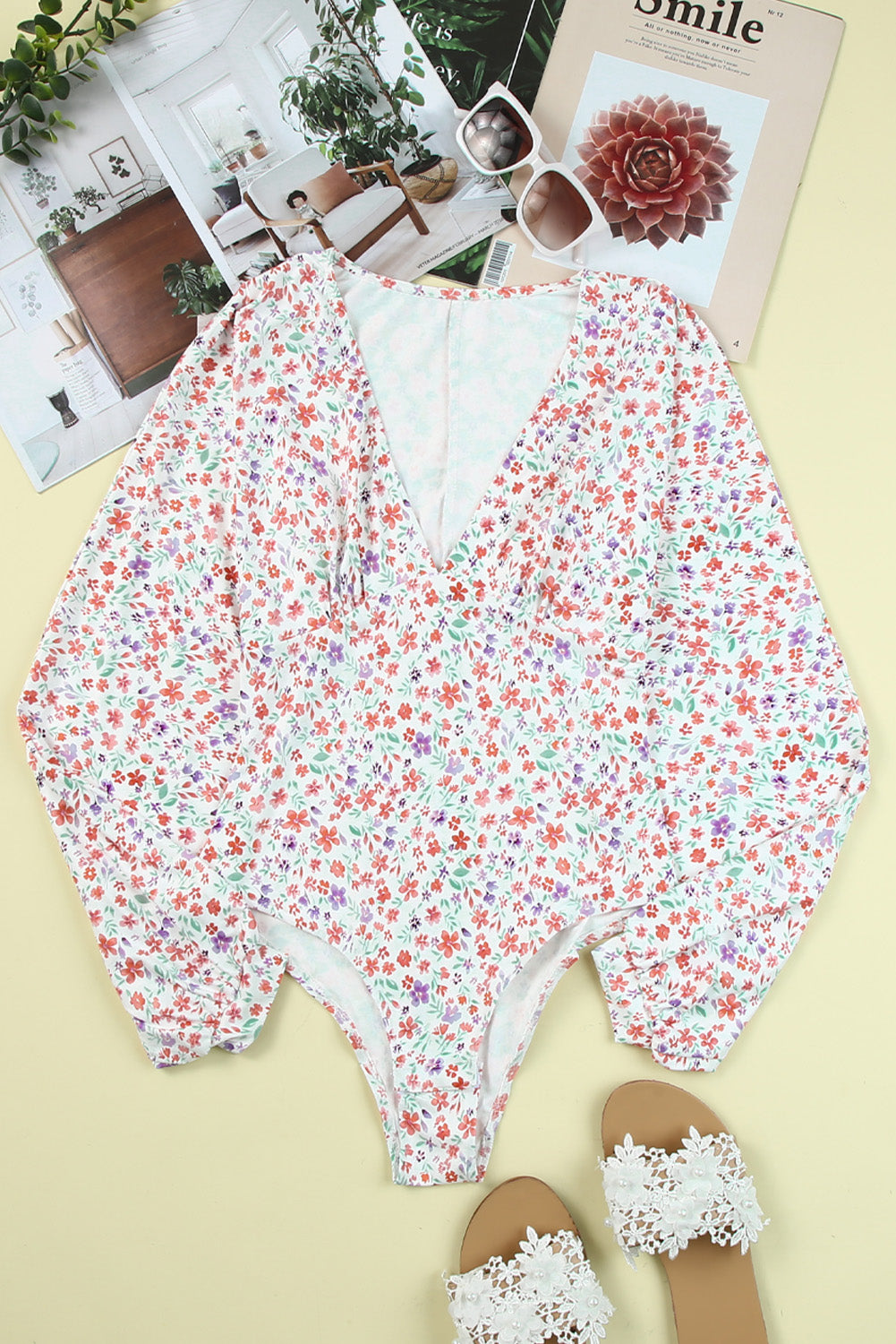 Plunging V Neck Floral Bodysuit Bodysuits JT's Designer Fashion