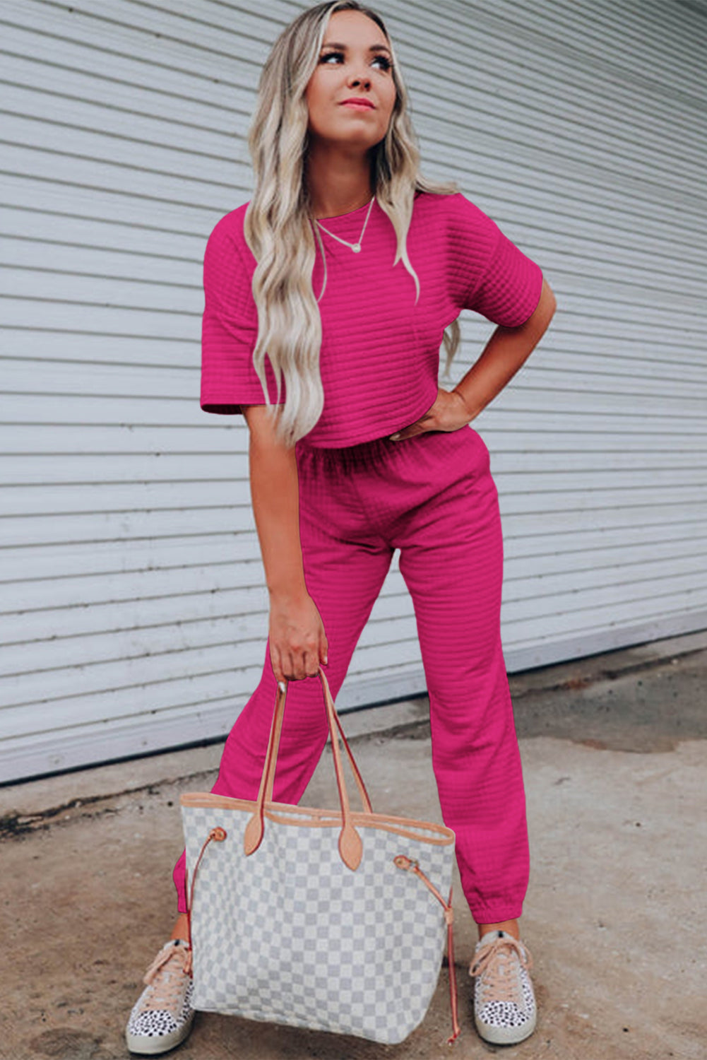 Rose Red Lattice Textured Cropped Tee and Jogger Pants Set Pre Order Bottoms JT's Designer Fashion