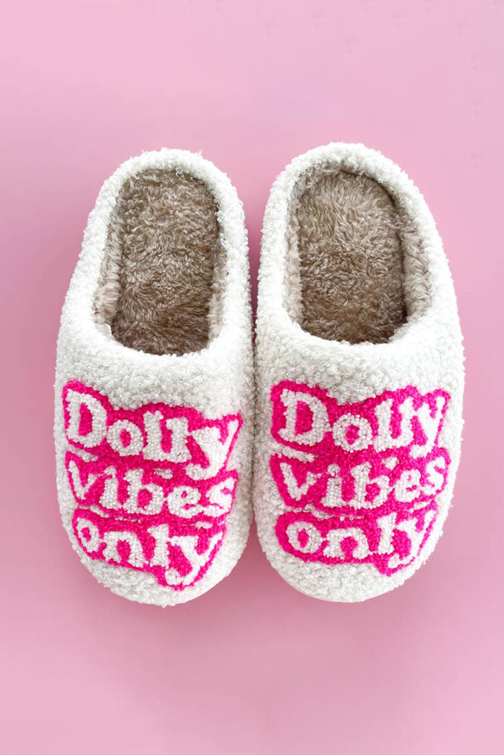 White Dolly Vibes Only Slip On Plush Slippers Slippers JT's Designer Fashion