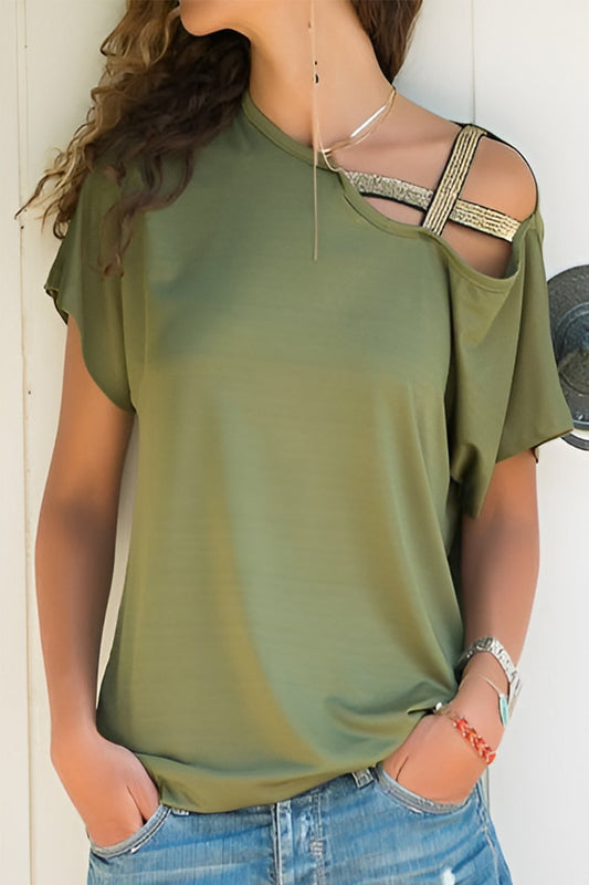 Asymmetrical Neck Short Sleeve T-Shirt Moss Blouses & Shirts JT's Designer Fashion