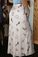 Beige Western Print Satin Long Skirt Pre Order Bottoms JT's Designer Fashion