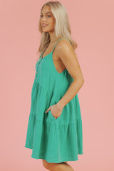 Sea Green Textured Buttoned Thin Strap Tiered Loose Fit Mini Dress Mini Dresses JT's Designer Fashion