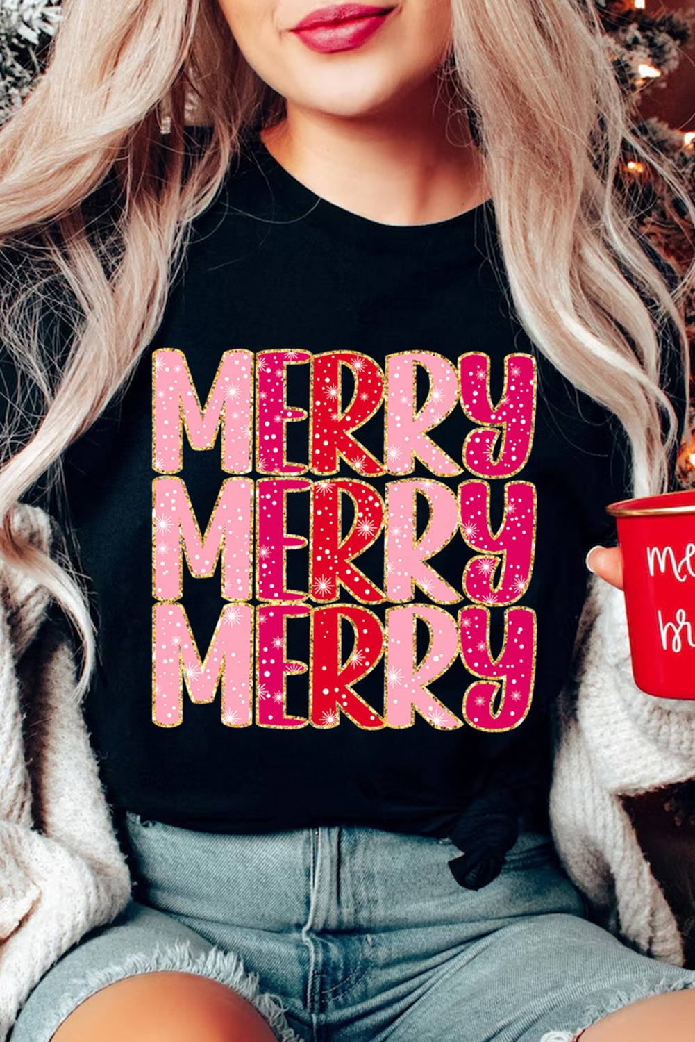 Black Heat Transfer Printing MERRY Letter Christmas Graphic Tee Black 62%Polyester+32%Cotton+6%Elastane Graphic Sweatshirts JT's Designer Fashion