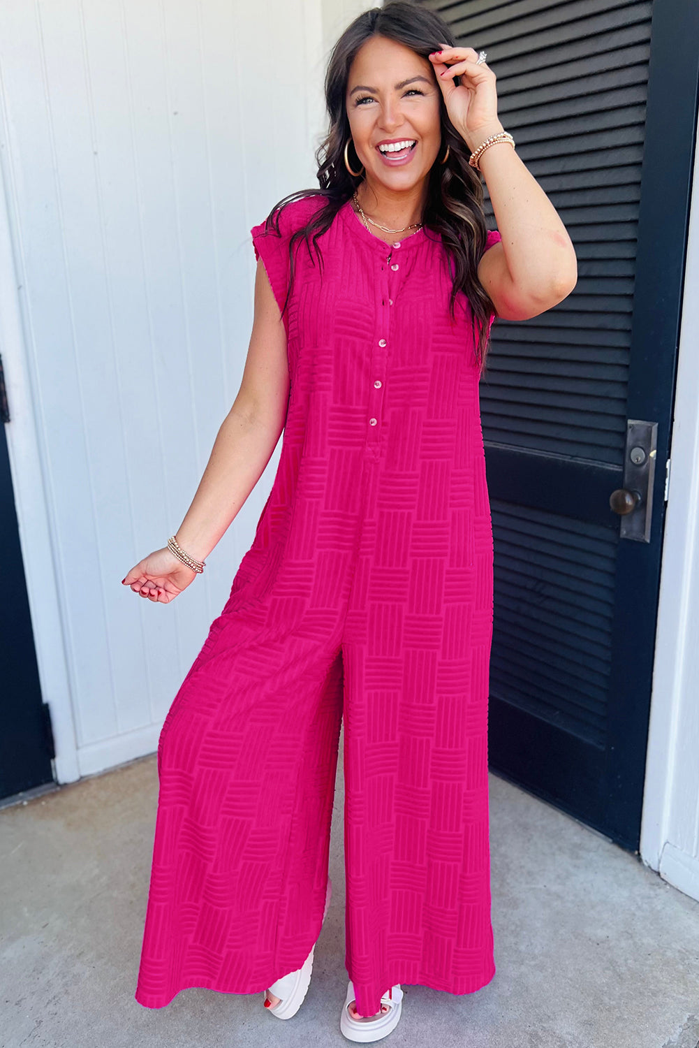 Bright Pink Terry Textured Sleeveless Button Front Wide Leg Jumpsuit Jumpsuits & Rompers JT's Designer Fashion