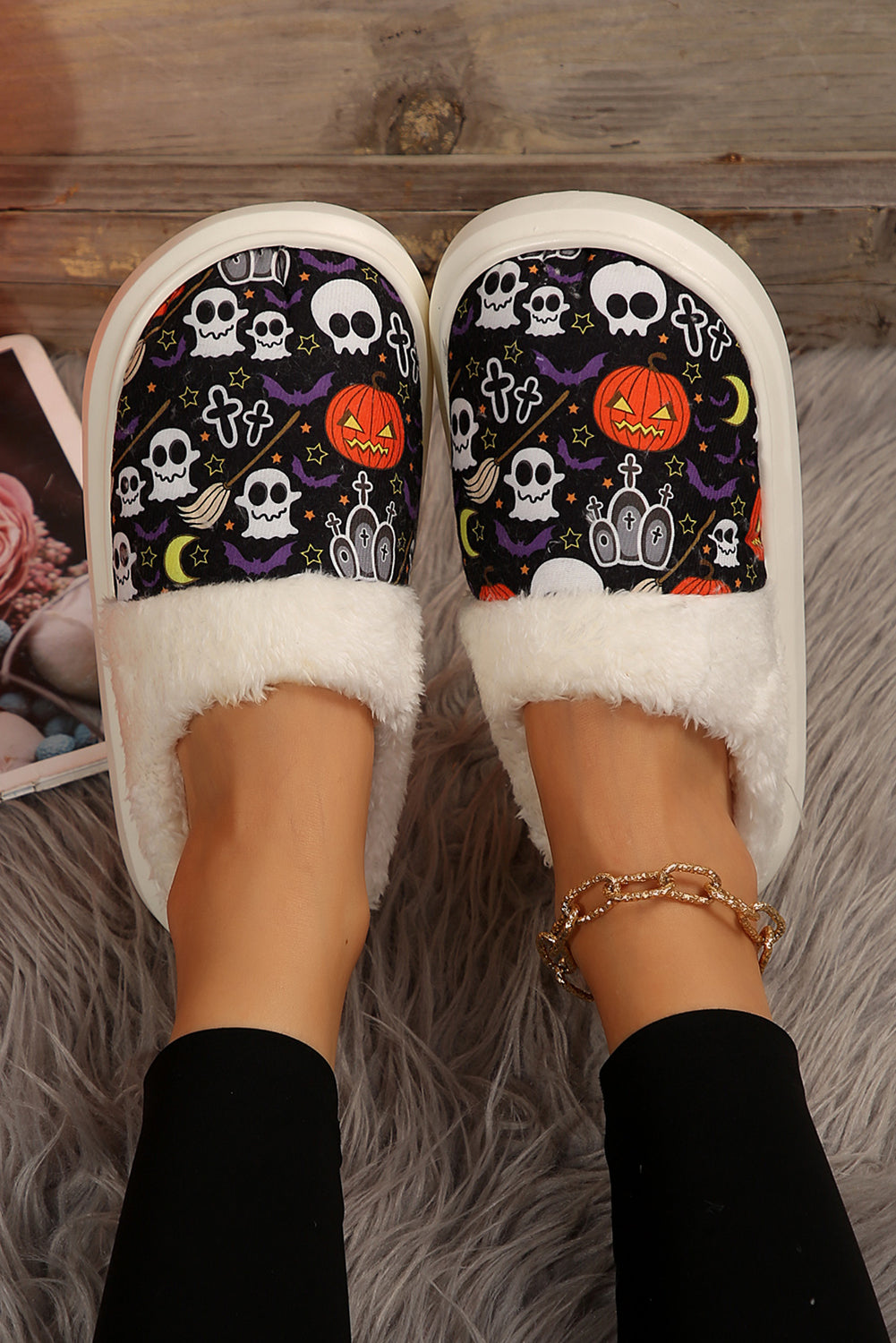 Black Halloween Pumpkin Ghost Print Plush Home Slippers Slippers JT's Designer Fashion