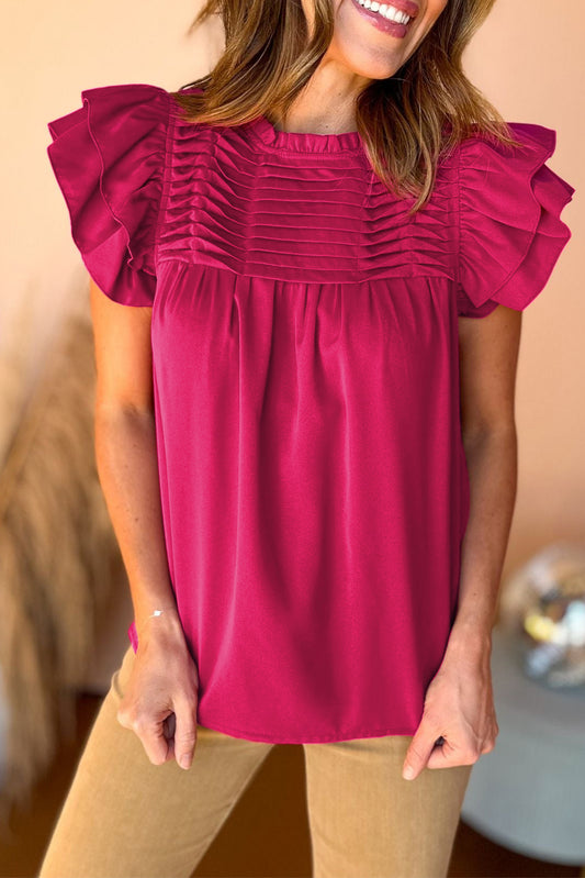 Rose Red Smocked Ruffle Sleeve Blouse Tops & Tees JT's Designer Fashion