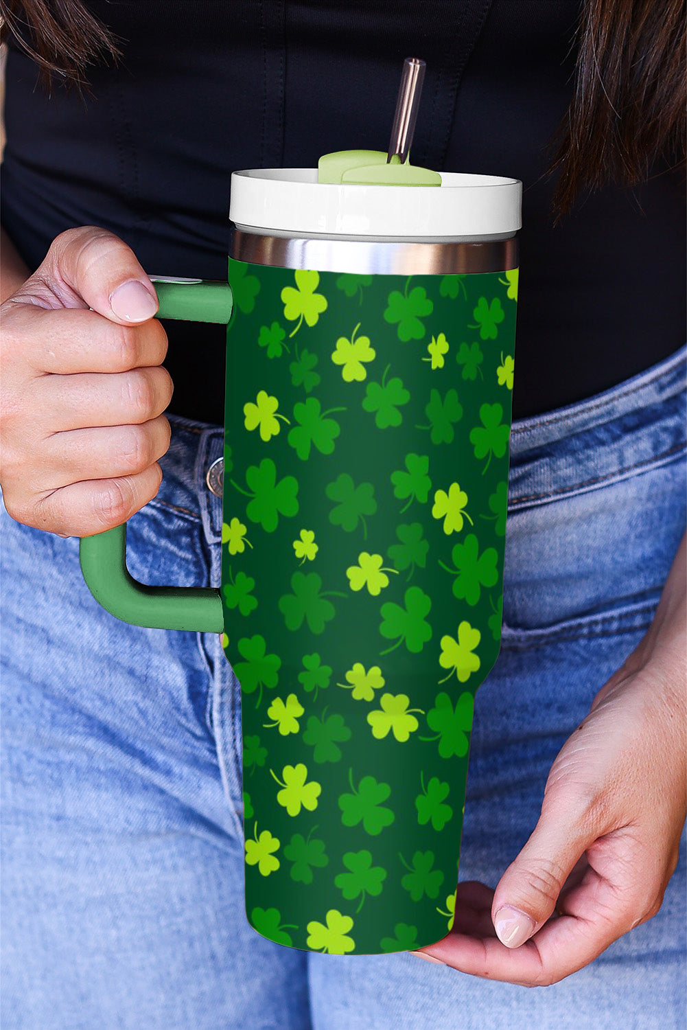 Dark Green St. Patricks Shamrock Print Handle Vacuum Cup 1200ml Tumblers JT's Designer Fashion