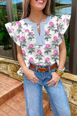 Multicolour Flower Stripe Print Notch V Neck Flutter Sleeve Blouse Pre Order Tops JT's Designer Fashion