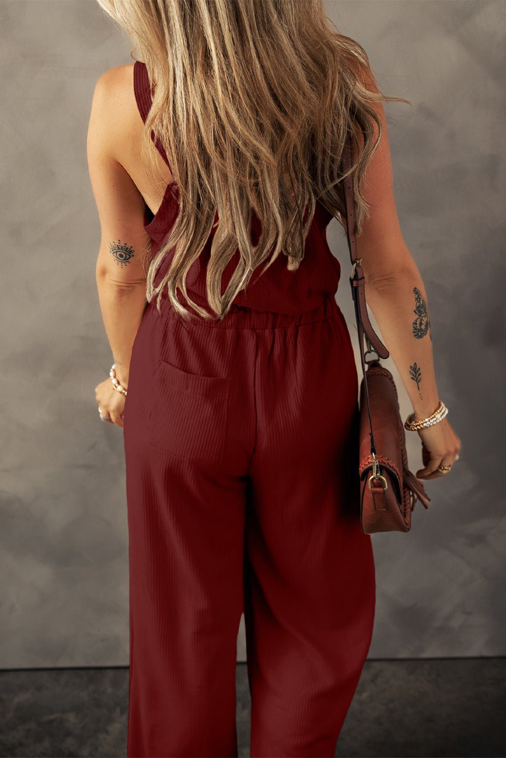 Red Dahlia Knotted Straps Button Textured Drawstring Jumpsuit Pre Order Bottoms JT's Designer Fashion