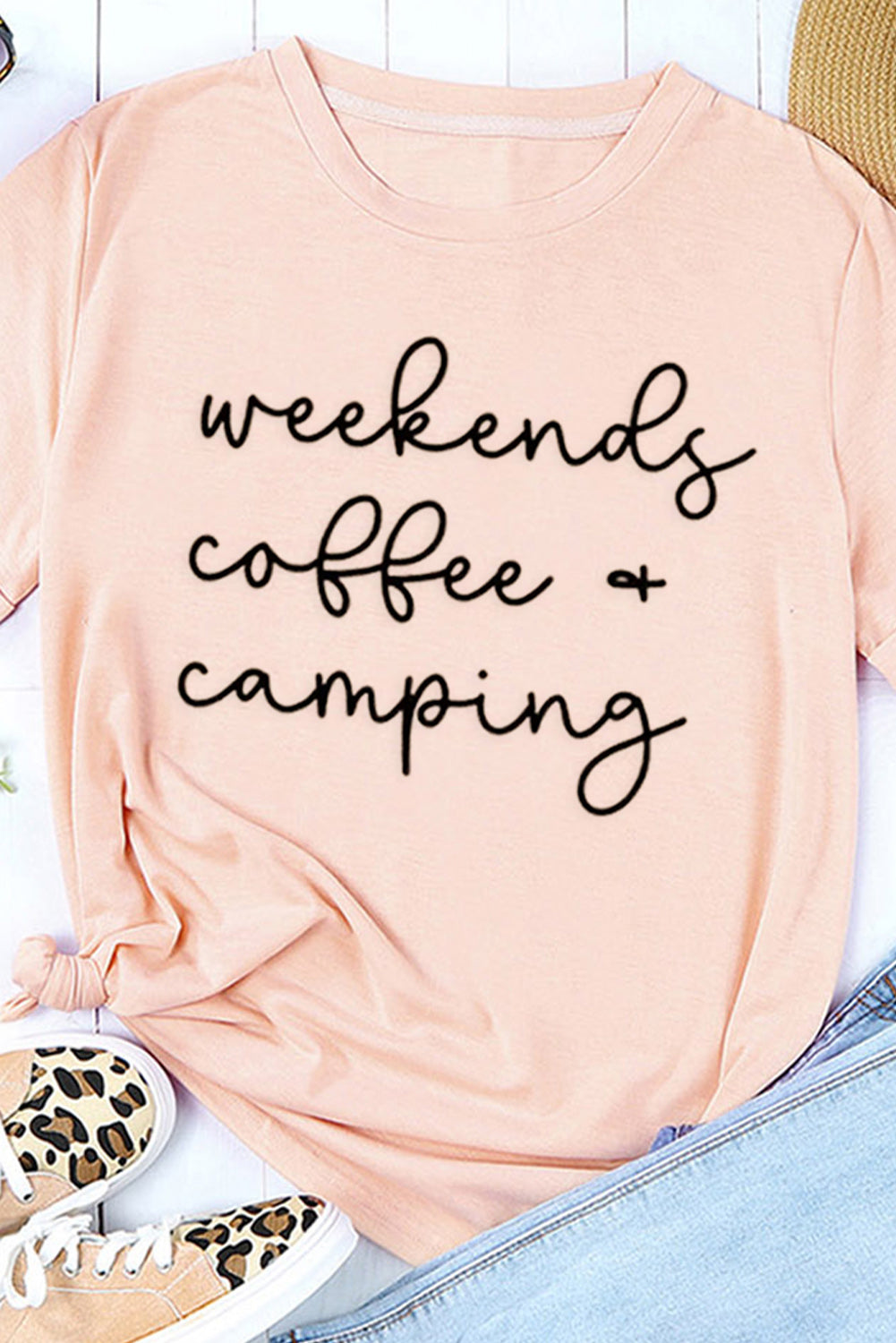 Pink Weekends Coffee & Camping Printed Graphic T Shirt Graphic Tees JT's Designer Fashion