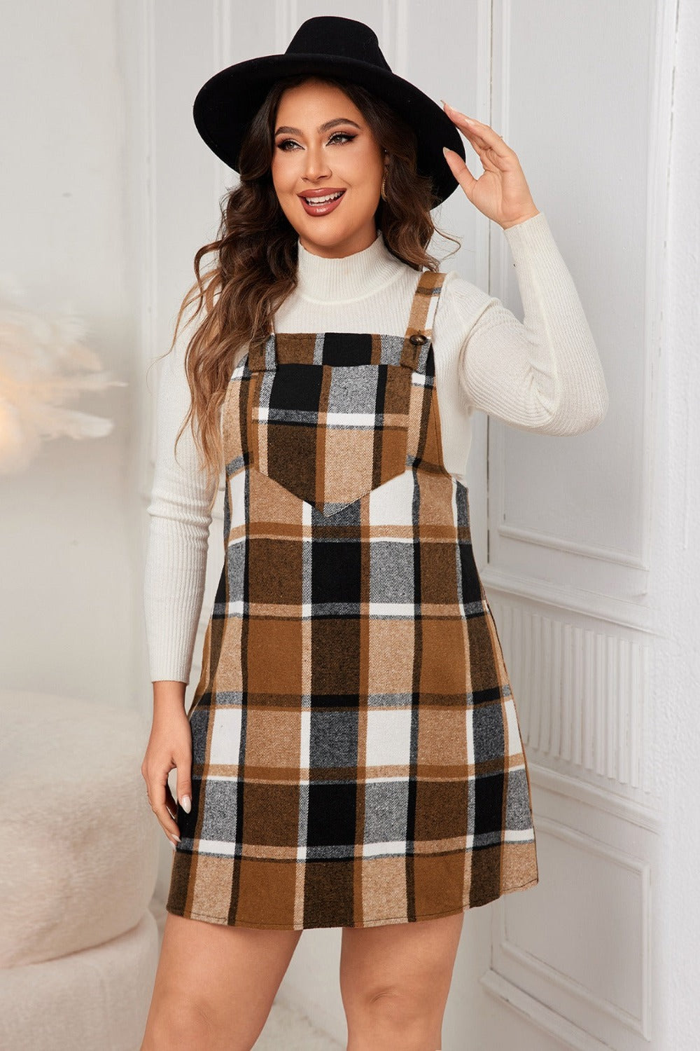 Plus Size Plaid Wide Strap Overall Dress Caramel Mini Dresses JT's Designer Fashion