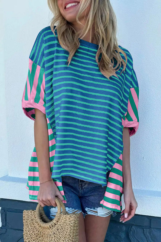 Blue Stripe Colorblock Stripe Patchwork Baggy T Shirt Tops & Tees JT's Designer Fashion