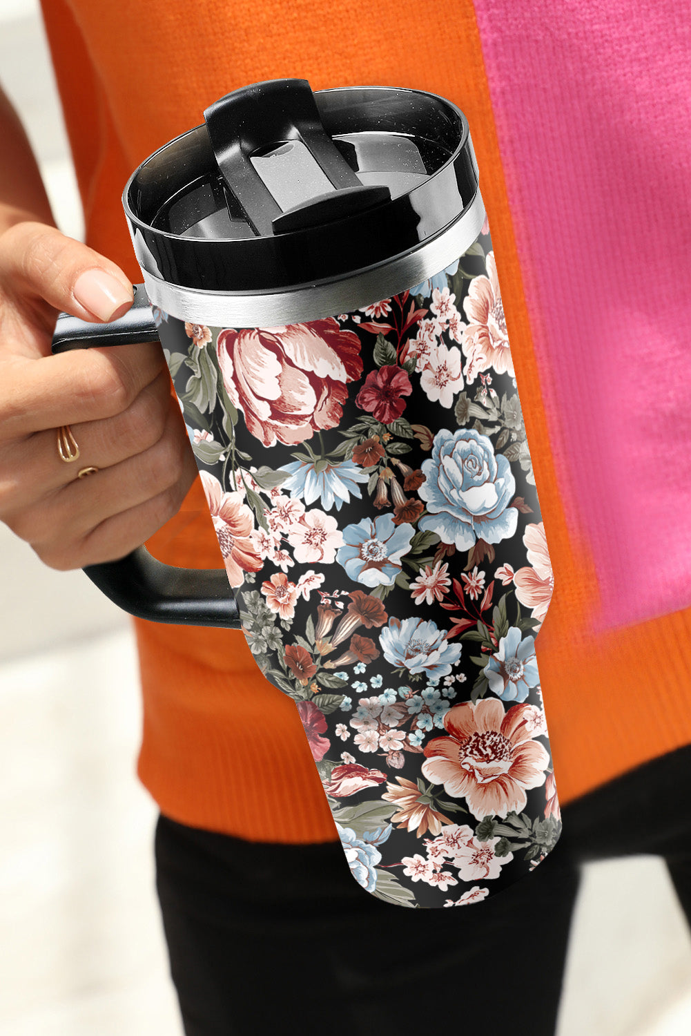 Color black Floral Print Stainless Steel Large Portable Cup 40oz Tumblers JT's Designer Fashion