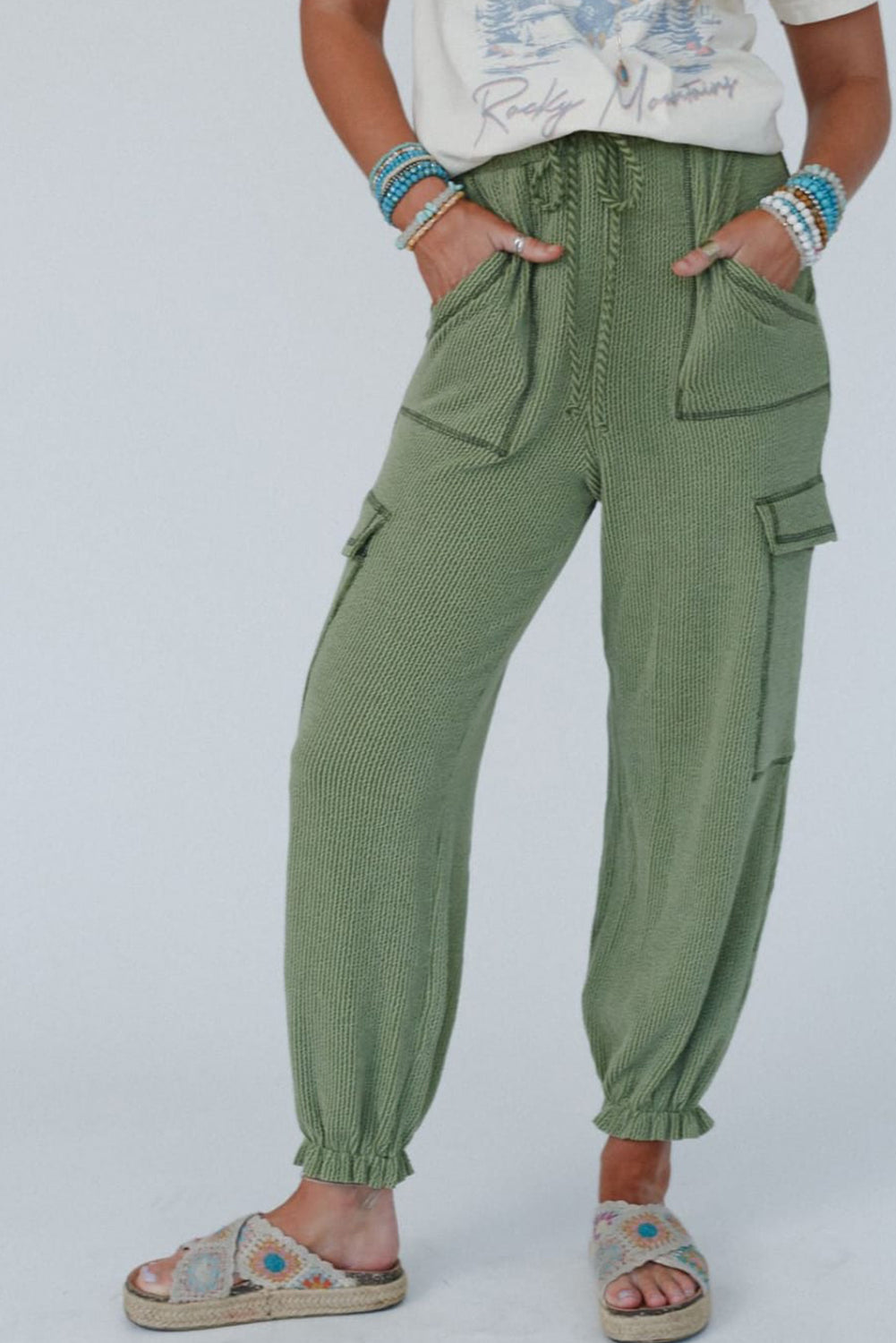 Grass Green Textured Cargo Pocketed Drawstring Ruffled Jogger High Waist Pants Bottoms JT's Designer Fashion