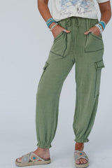 Grass Green Textured Cargo Pocketed Drawstring Ruffled Jogger High Waist Pants Bottoms JT's Designer Fashion