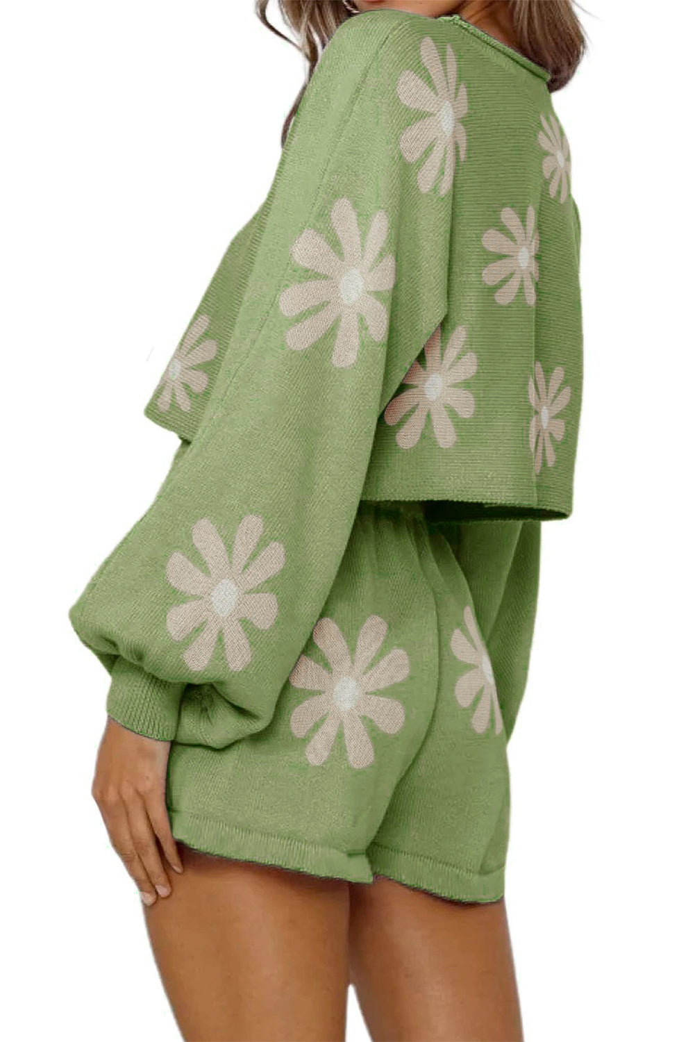 Green Flower Print Bubble Sleeve Knitted Sweater and Shorts Set Short Sets JT's Designer Fashion