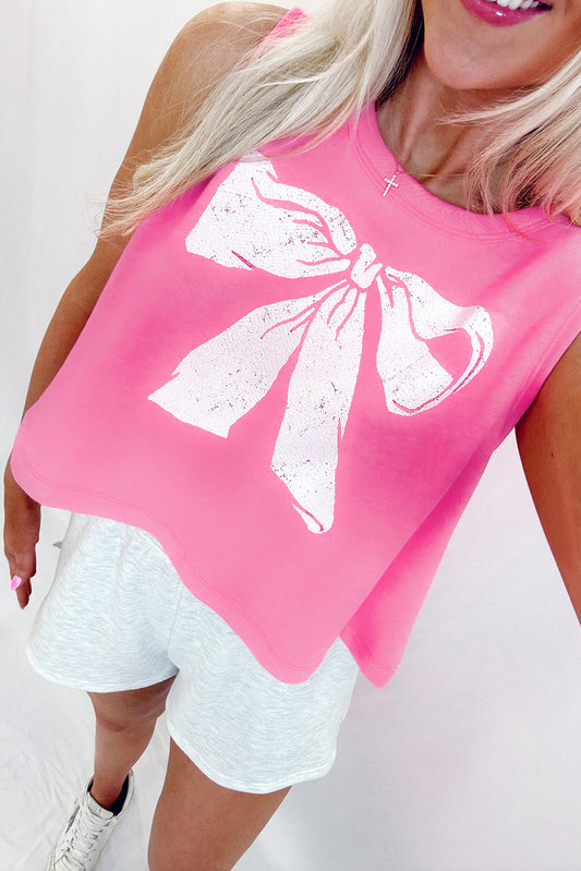 Sachet Pink Cracking Bow Print Loose Tank Top