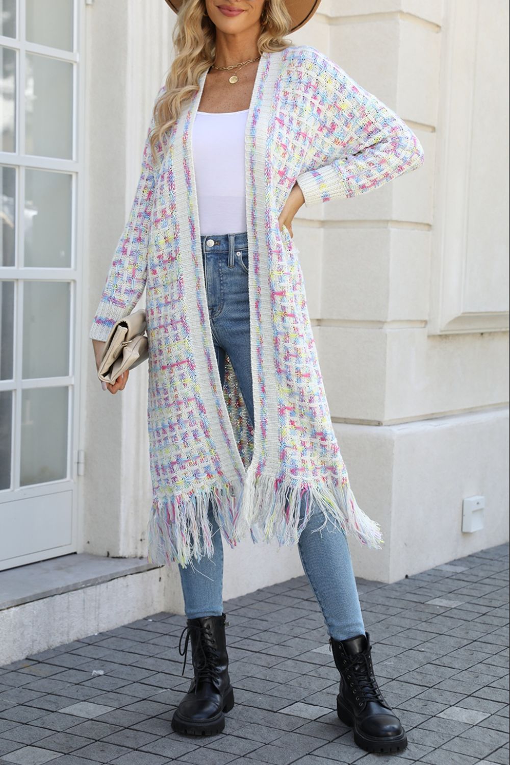 Multicolored Open Front Fringe Hem Cardigan Cream Sweaters & Cardigans JT's Designer Fashion