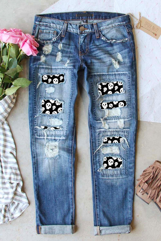 Sky Blue Halloween Skull Patchwork Distressed Straight Jeans Graphic Pants JT's Designer Fashion