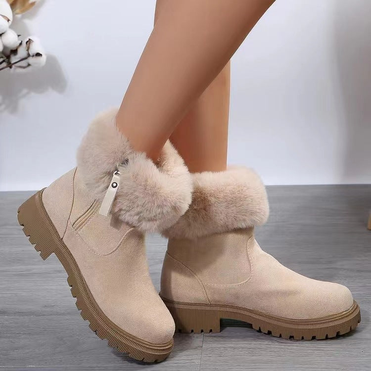 Suede Faux Fur Boots with Side Zipper Beige Shoes JT's Designer Fashion