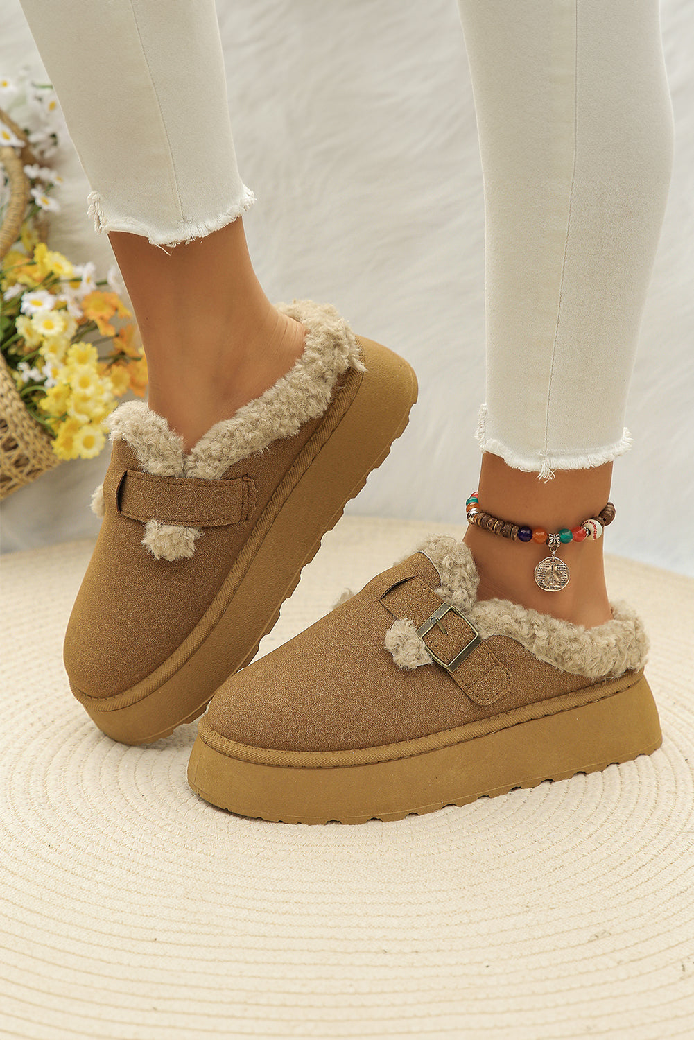 Brown Plush Patched Buckle Decor Thick Sole Thermal Slippers Slippers JT's Designer Fashion