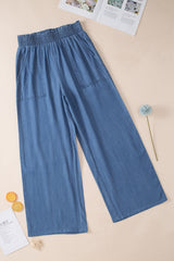 Sky Blue Side Pockets Frilled Smocked High Waist Wide Leg Jeans Bottoms JT's Designer Fashion