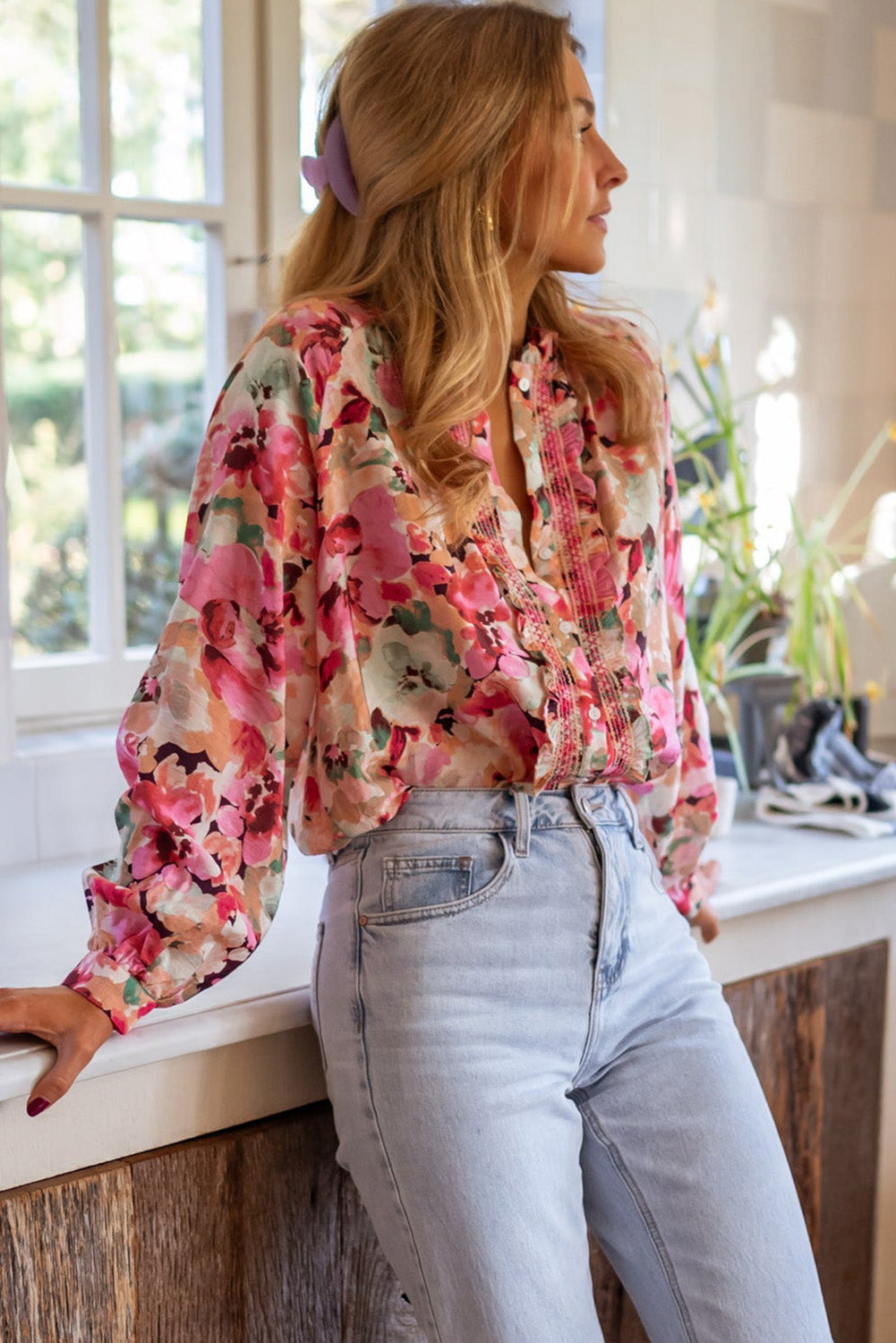 Red Floral Print Ruffled Stitch Buttoned Loose Fit Shirt Blouses & Shirts JT's Designer Fashion