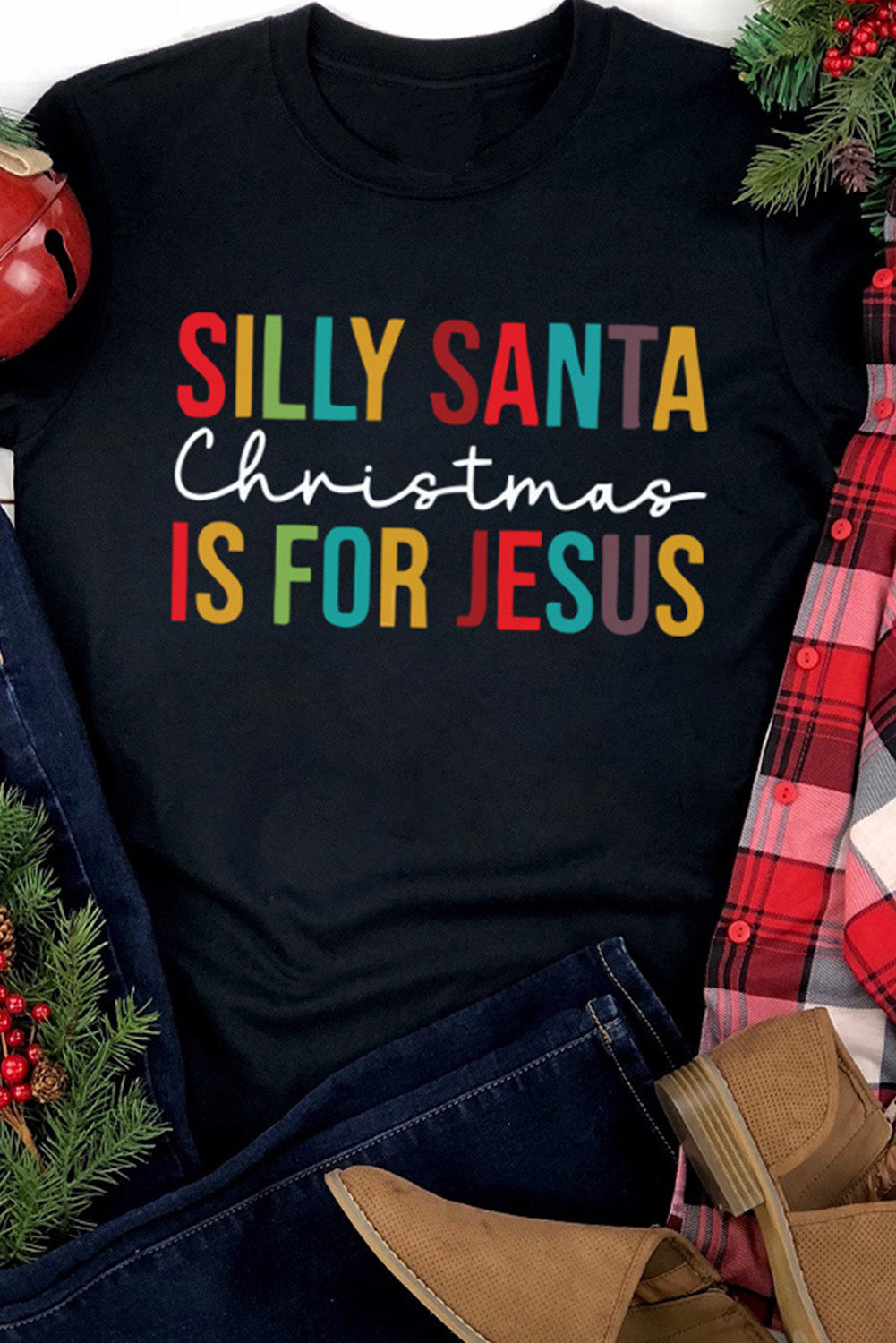 Black Silly Santa Christmas is For Jesus Graphic T Shirt Graphic Tees JT's Designer Fashion