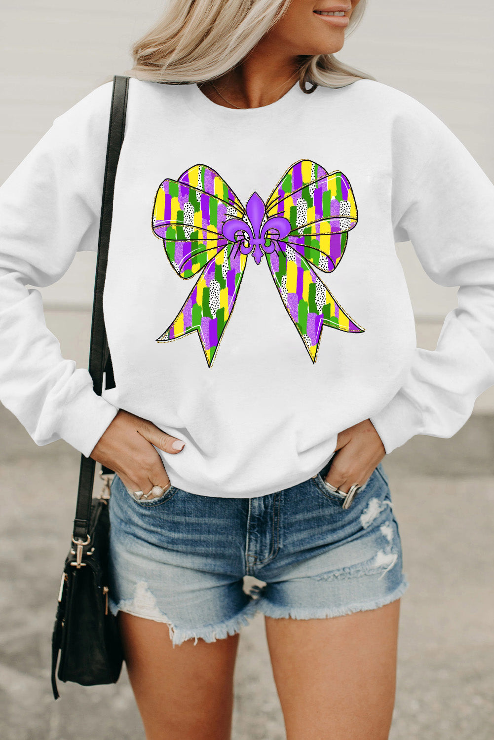 White Mardi Gras Bowknot Graphic Pullover Sweatshirt Graphic Sweatshirts JT's Designer Fashion