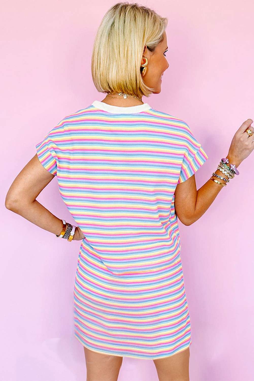 Pink Stripe Crew Neck T Shirt Dress Dresses JT's Designer Fashion