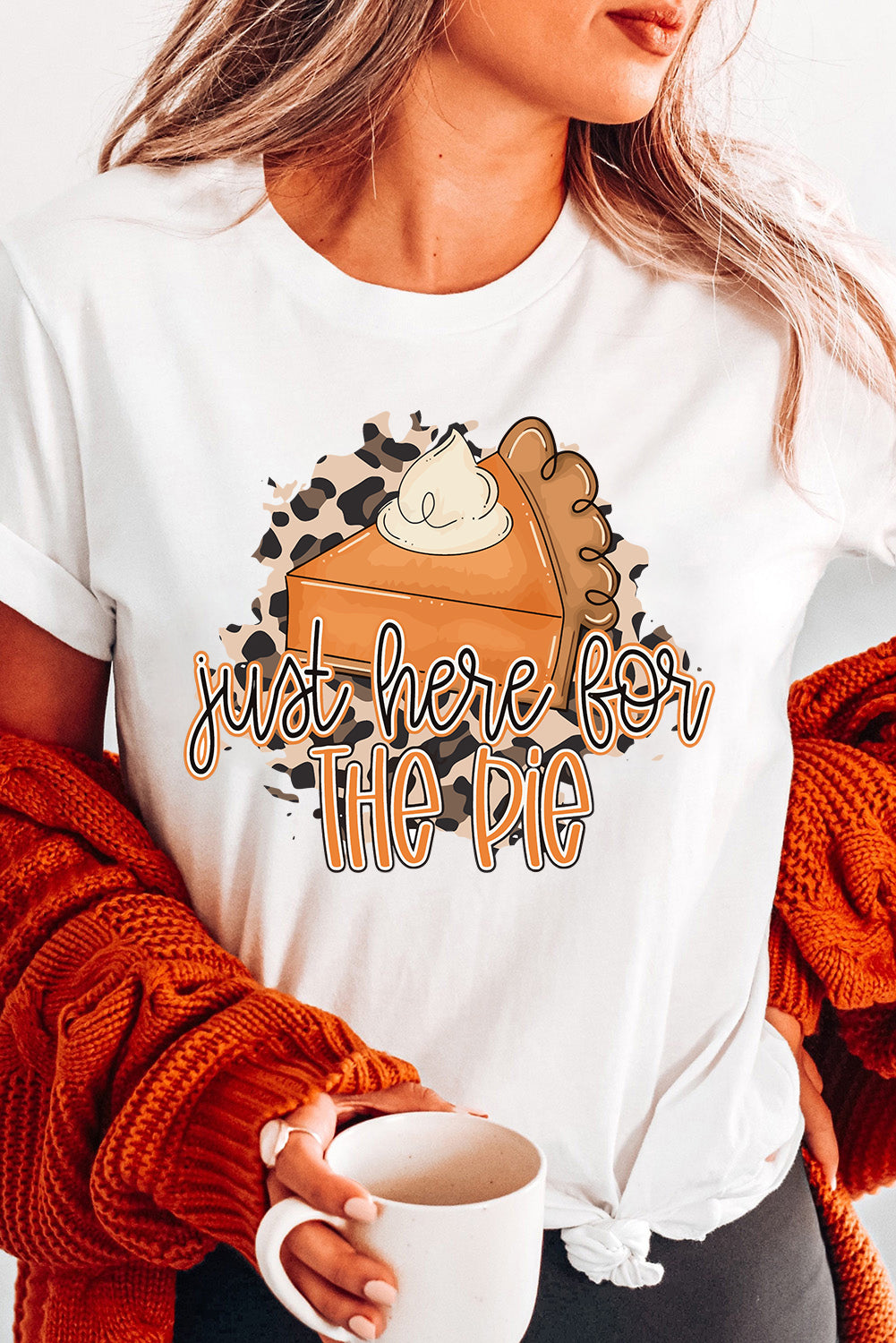 White Just Here For The Pie Crewneck Thanksgiving T Shirt Graphic Tees JT's Designer Fashion