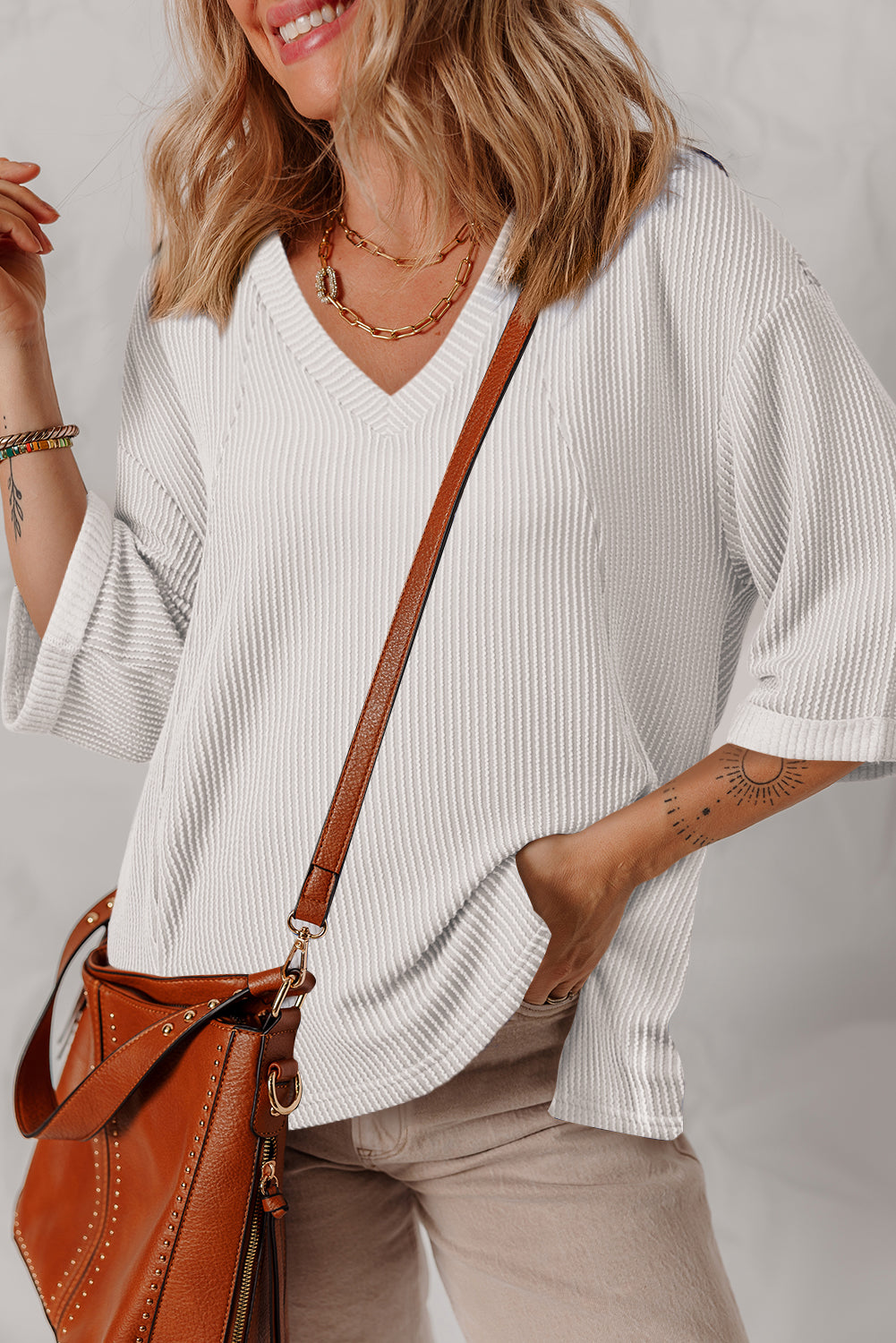 White Solid Color Corded Drop Shoulder 3/4 Sleeve V Neck Top Long Sleeve Tops JT's Designer Fashion