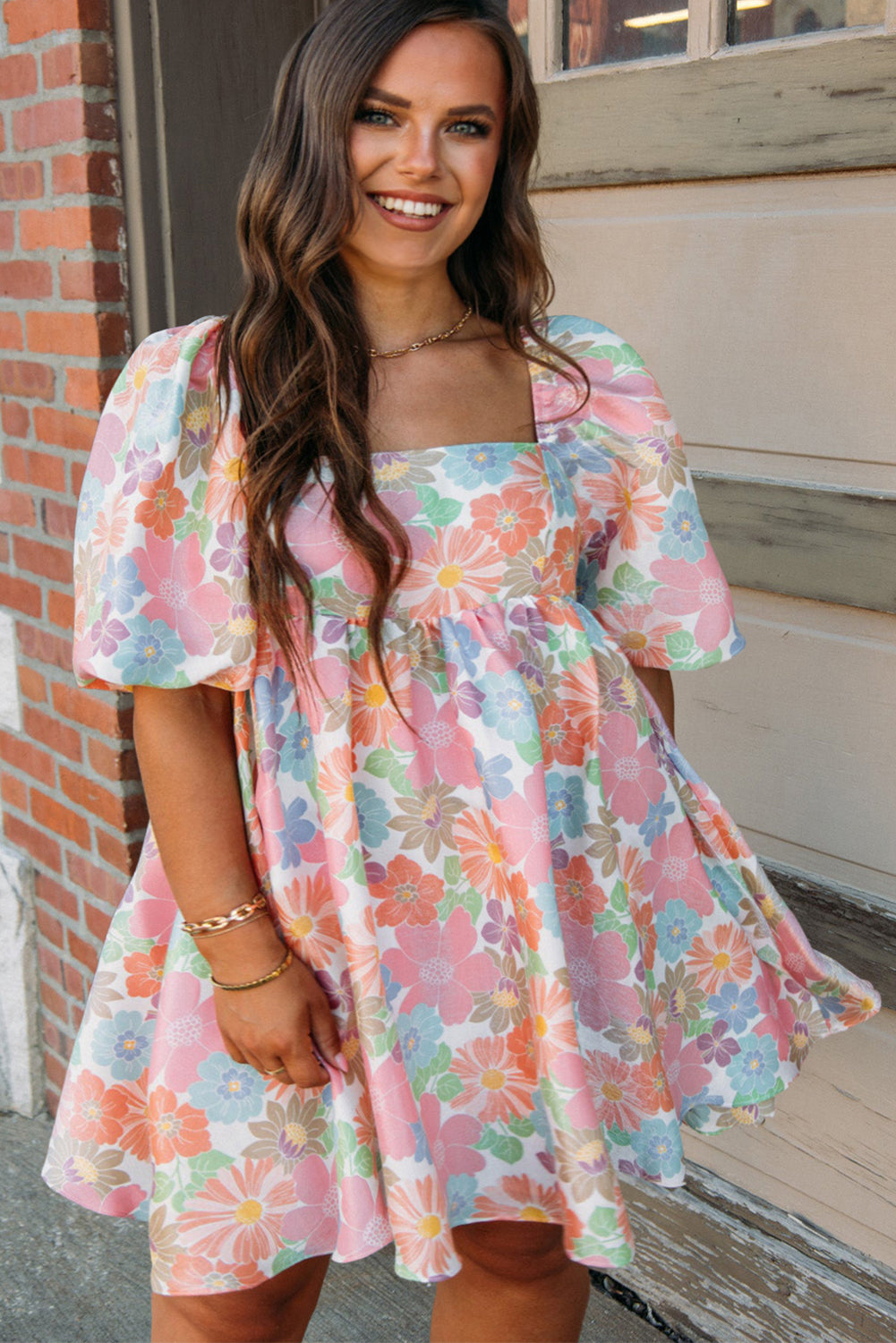 Multicolour Floral Puff Sleeve Square Neck Plus Babydoll Dress Plus Size JT's Designer Fashion