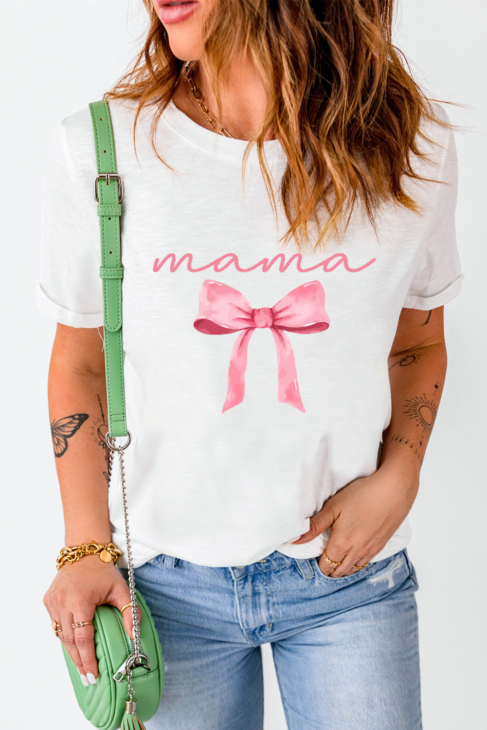 White MAMA Bowknot Graphic Crewneck Tee Graphic Tees JT's Designer Fashion