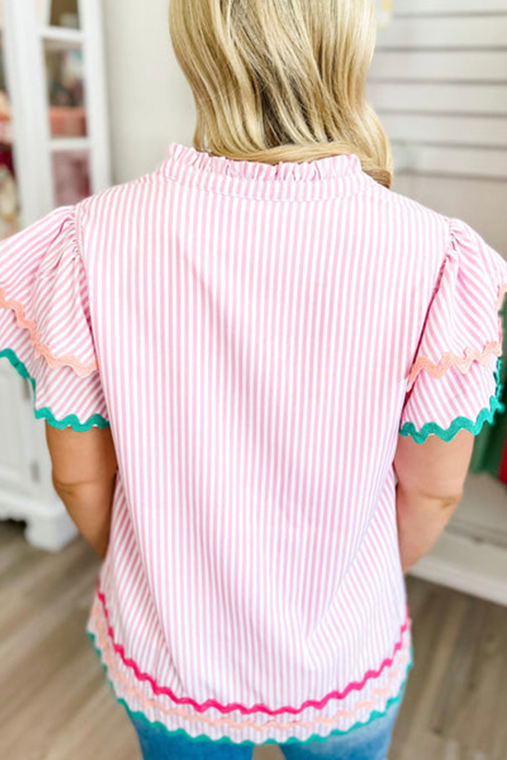 Pink Stripe Ricrac Trim Split Neck Ruffled Sleeve Top Tops & Tees JT's Designer Fashion