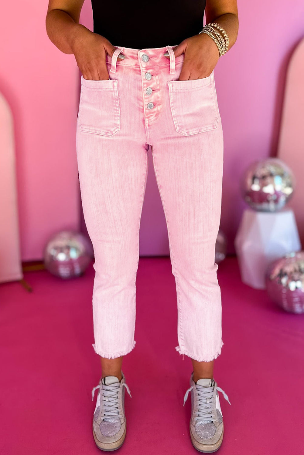 Apricot Pink Multi Buttons Raw Edge Crop Jeans Bottoms JT's Designer Fashion
