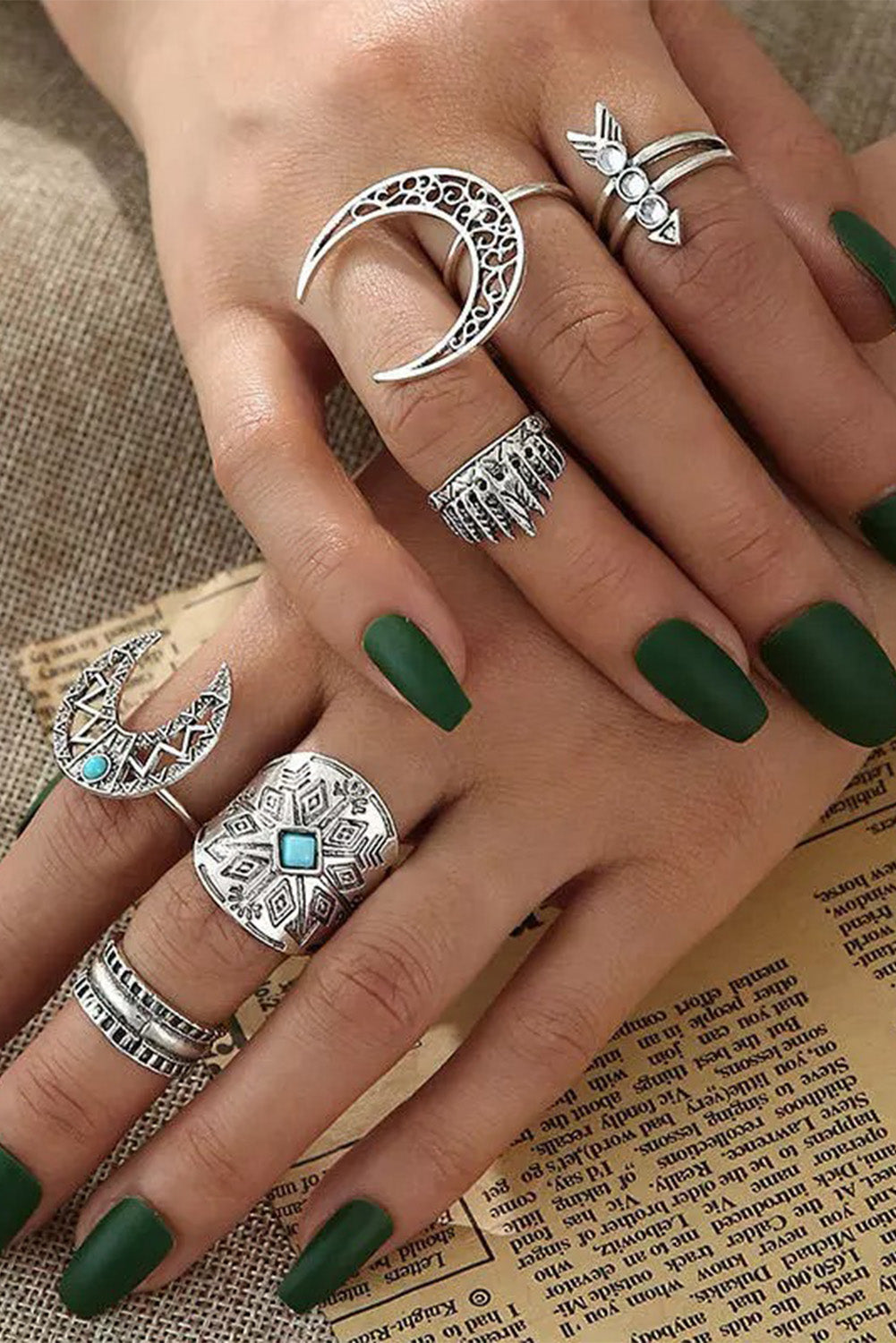 Silver Bohemian Natural Stone Rings Set Jewelry JT's Designer Fashion