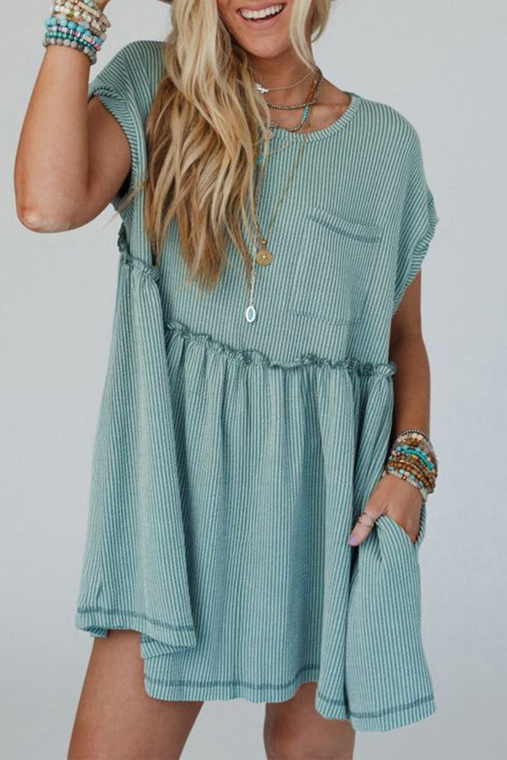 Canton Corded Knit Textured Patched Pocket Frilled Swing Mini Dress with Pockets Mini Dresses JT's Designer Fashion
