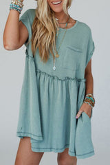 Canton Corded Knit Textured Patched Pocket Frilled Swing Mini Dress with Pockets Mini Dresses JT's Designer Fashion
