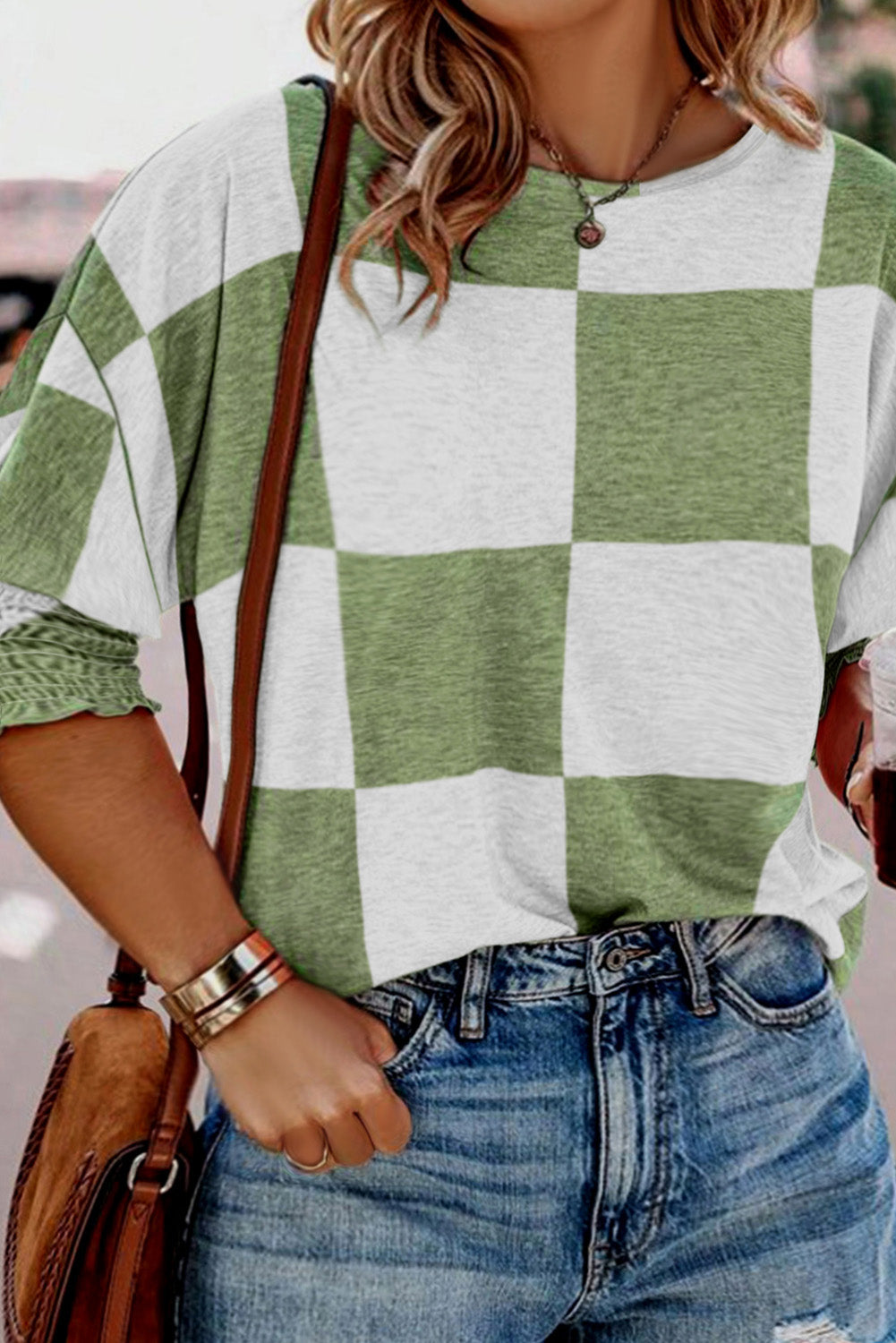 Green Checkered Shirred Puff Sleeve Plus Size Top Plus Size JT's Designer Fashion