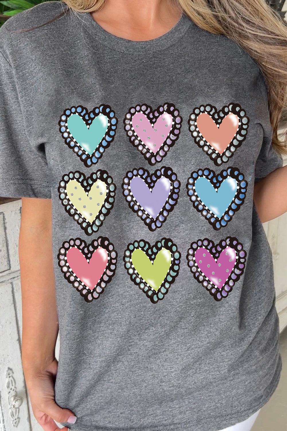 Gray Colorful Heart Shaped Print Crew Neck Casual Tee Graphic Tees JT's Designer Fashion